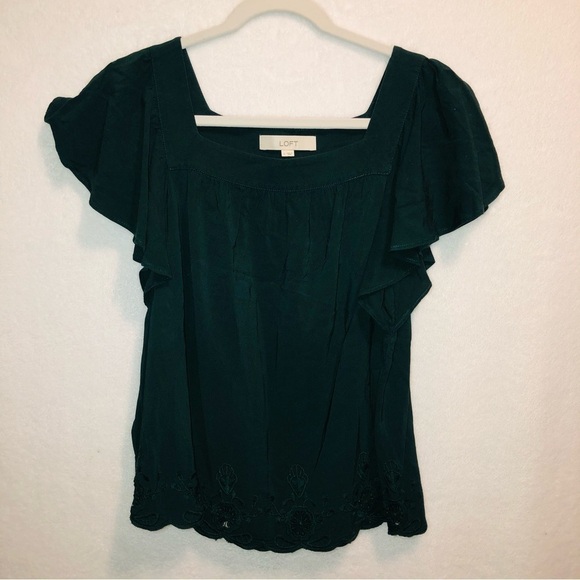 LOFT Tops - LOFT Dark Emerald Green Ruffle Sleeve Square Neck Embroidered Blouse Top Size S
